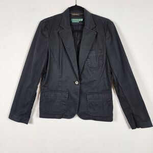 LAUREN Ralph Lauren Premium Soft Denim Black Blazer Pockets 100% Cotton Womens M